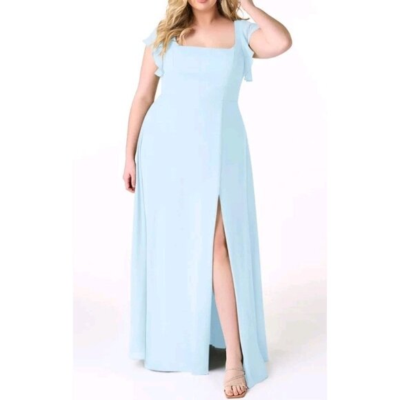 Azazie Bondi A Line Chiffon Ruffle Dress Sky Blue Plus Size 22 - Picture 1 of 7